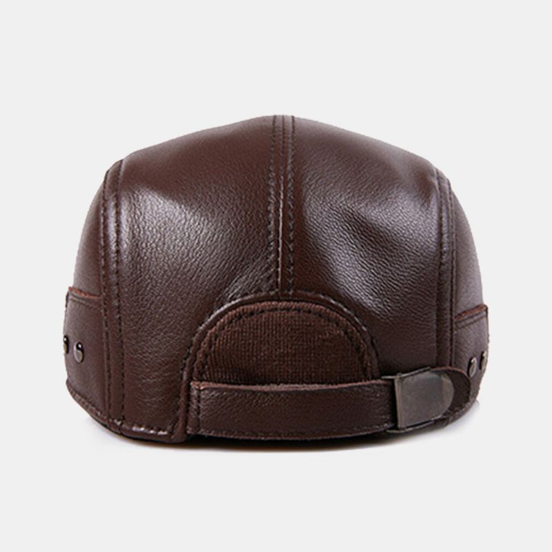 Män Äkta Läder Dolda Hörselskydd Hörselkåpor Design Basker Flat Cap Retro Vild Vindtätt Fårskinn Cabbie Driver Hat