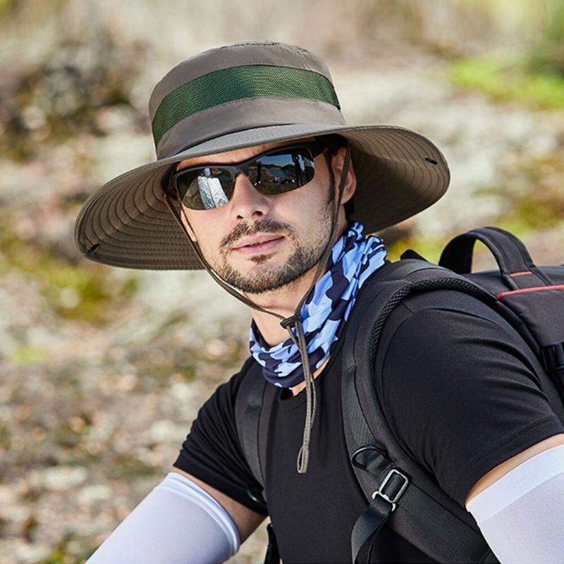 Män Andas Mesh Stort Brätte Utomhusfiske Klättring Uv-skydd Solskydd Vattentät Bucket Hat