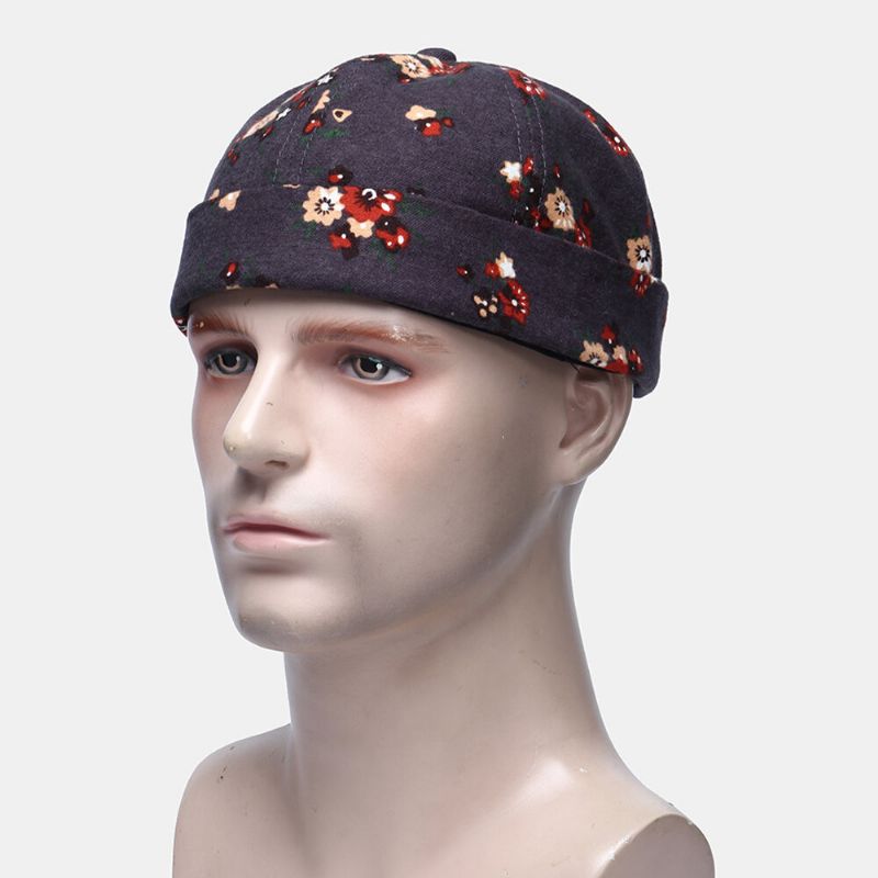 Män Bomull Blommor Mönster Justerbar Retro Casual Crimping Beanie Hyresvärd Keps Skalkeps