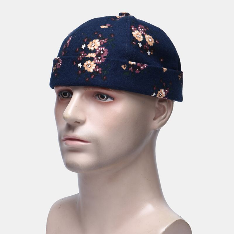 Män Bomull Blommor Mönster Justerbar Retro Casual Crimping Beanie Hyresvärd Keps Skalkeps