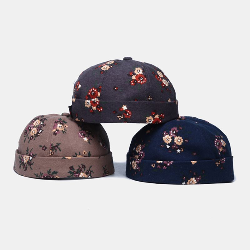 Män Bomull Blommor Mönster Justerbar Retro Casual Crimping Beanie Hyresvärd Keps Skalkeps