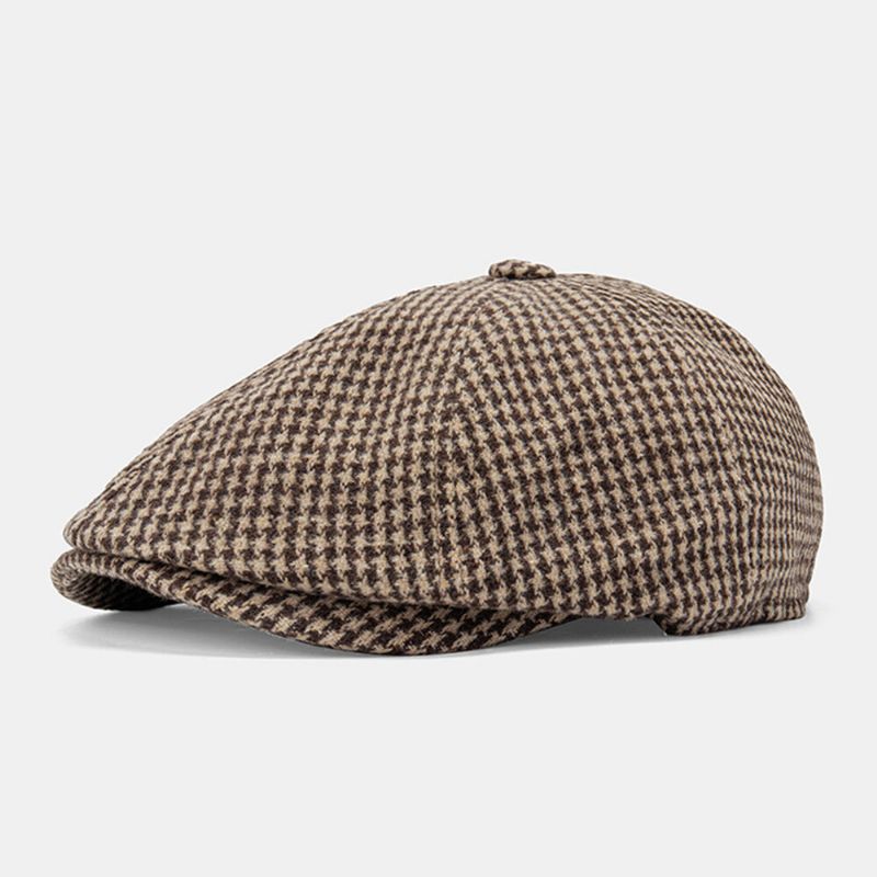 Män Bomull Dacron Hundtandsmönster Kortbrättad Basker Platt Keps Brittisk Retro Octagonal Hat