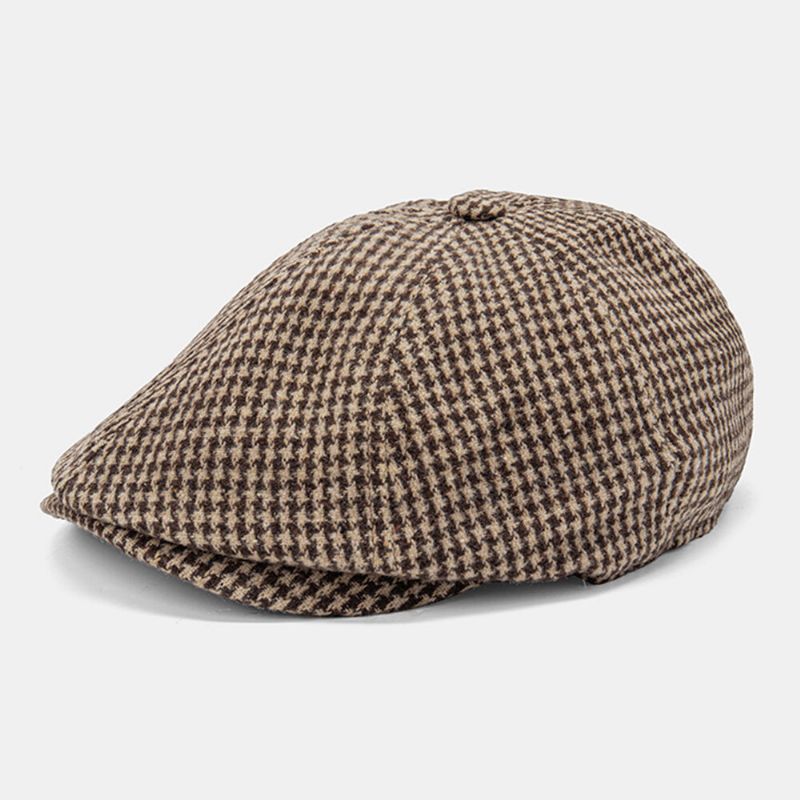 Män Bomull Dacron Hundtandsmönster Kortbrättad Basker Platt Keps Brittisk Retro Octagonal Hat