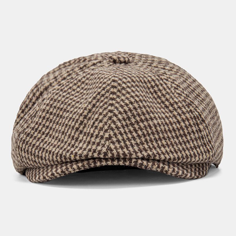 Män Bomull Dacron Hundtandsmönster Kortbrättad Basker Platt Keps Brittisk Retro Octagonal Hat