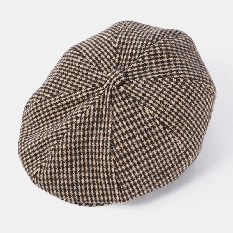 Män Bomull Dacron Hundtandsmönster Kortbrättad Basker Platt Keps Brittisk Retro Octagonal Hat