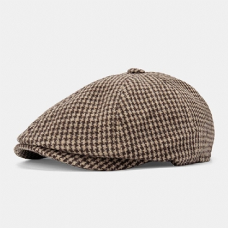 Män Bomull Dacron Hundtandsmönster Kortbrättad Basker Platt Keps Brittisk Retro Octagonal Hat