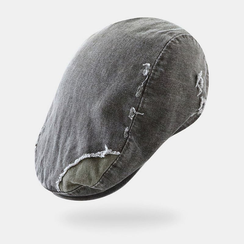 Män Bomull Distressed Sliten Hål Basker Brevbroderi Andas Framåt Cap Flat Cap