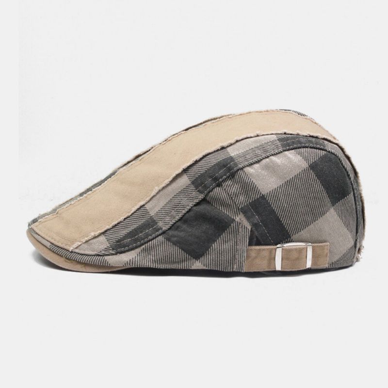 Män Bomull Patchwork Sömmar Galler Casual Utomhus Solskydd Flat Hat Basker Hatt