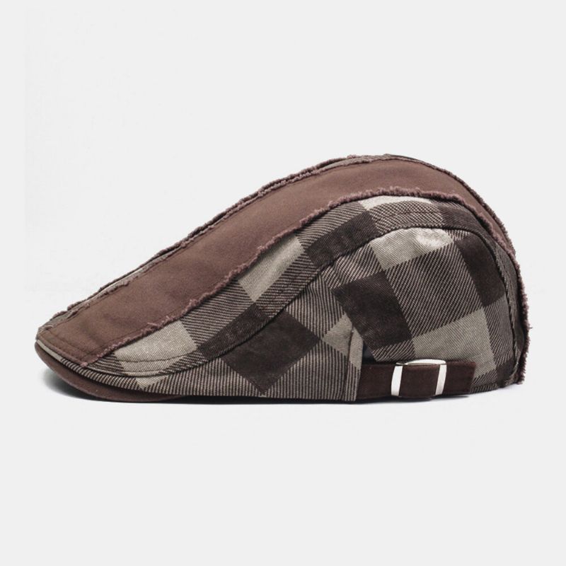 Män Bomull Patchwork Sömmar Galler Casual Utomhus Solskydd Flat Hat Basker Hatt