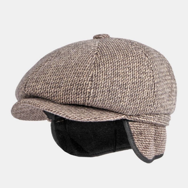 Män Brittisk Retro Hörselskydd Ylle Åttkantig Hatt Medelålders Och Äldre Vinter Varmt Cool Skydd Newsboy Hatt