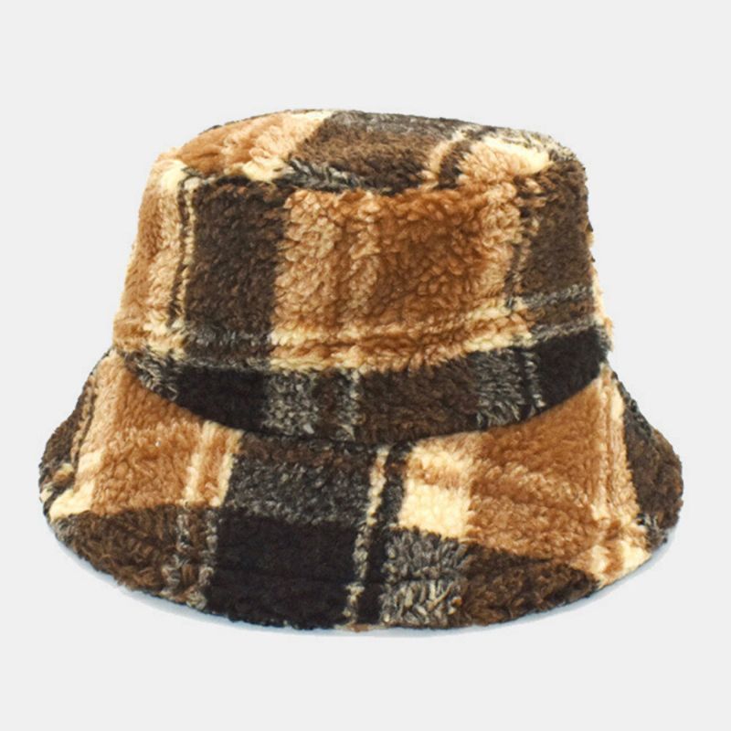 Män Bucket Hat Lammull Vinter Tjock Plysch Varm Lattice Fisherman Cap