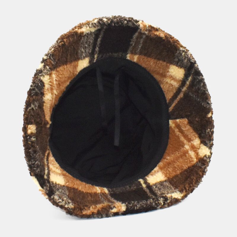 Män Bucket Hat Lammull Vinter Tjock Plysch Varm Lattice Fisherman Cap