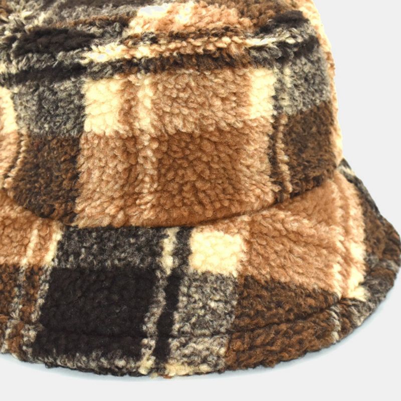 Män Bucket Hat Lammull Vinter Tjock Plysch Varm Lattice Fisherman Cap