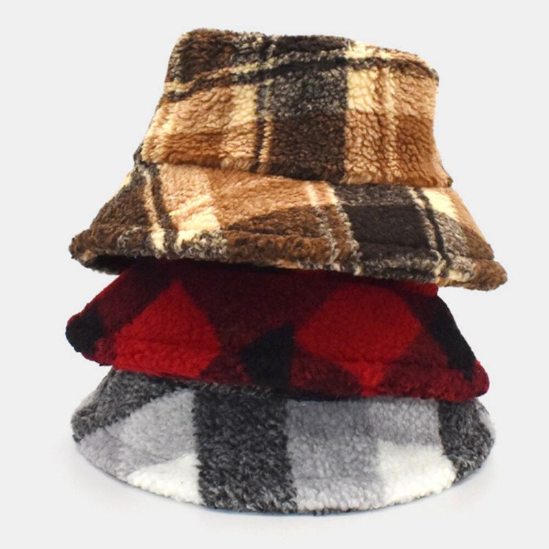 Män Bucket Hat Lammull Vinter Tjock Plysch Varm Lattice Fisherman Cap