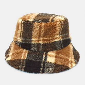 Män Bucket Hat Lammull Vinter Tjock Plysch Varm Lattice Fisherman Cap