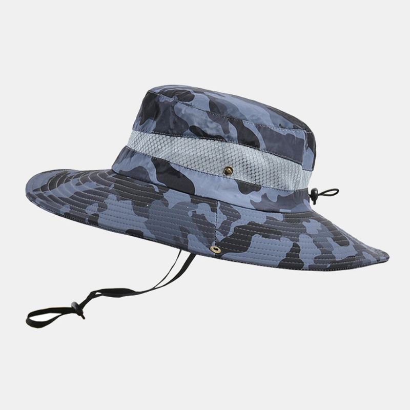 Män Bucket Hat Polyester Kamouflage Mesh Andas Bred Brätte Solskyddsmedel Utomhus Fiske Klättring Bucket Hat