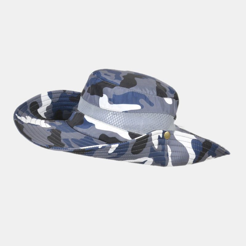 Män Bucket Hat Polyester Kamouflage Mesh Andas Bred Brätte Solskyddsmedel Utomhus Fiske Klättring Bucket Hat