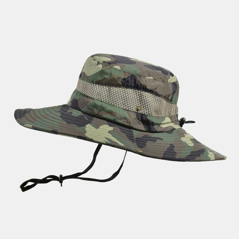 Män Bucket Hat Polyester Kamouflage Mesh Andas Bred Brätte Solskyddsmedel Utomhus Fiske Klättring Bucket Hat