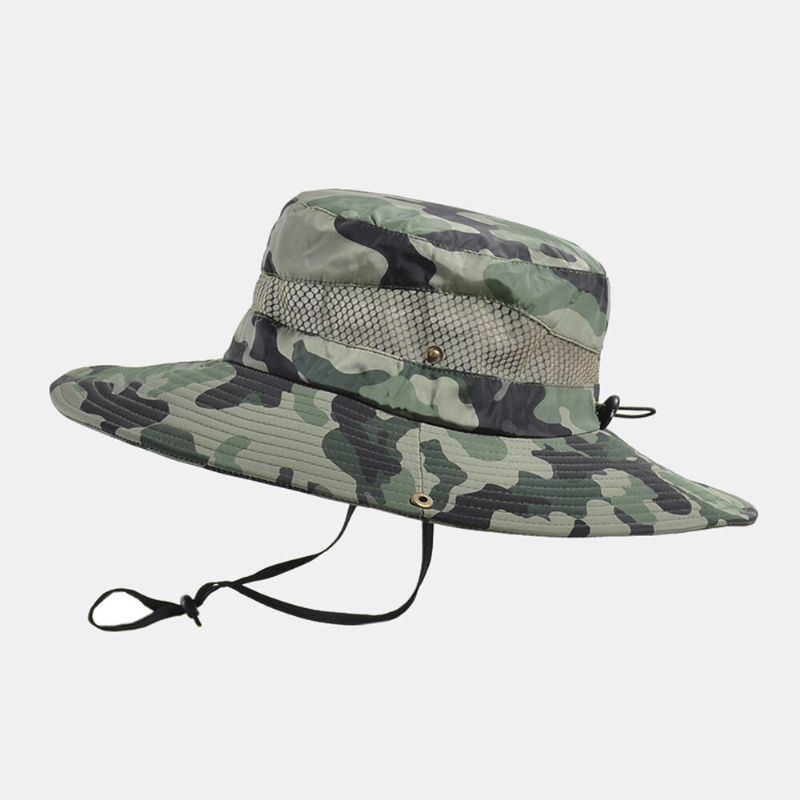 Män Bucket Hat Polyester Kamouflage Mesh Andas Bred Brätte Solskyddsmedel Utomhus Fiske Klättring Bucket Hat