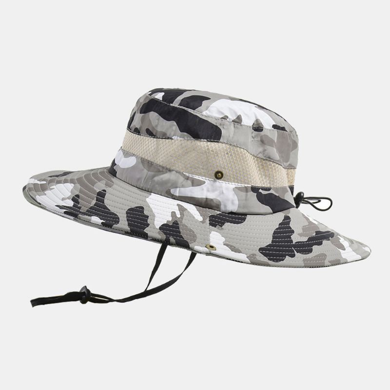 Män Bucket Hat Polyester Kamouflage Mesh Andas Bred Brätte Solskyddsmedel Utomhus Fiske Klättring Bucket Hat