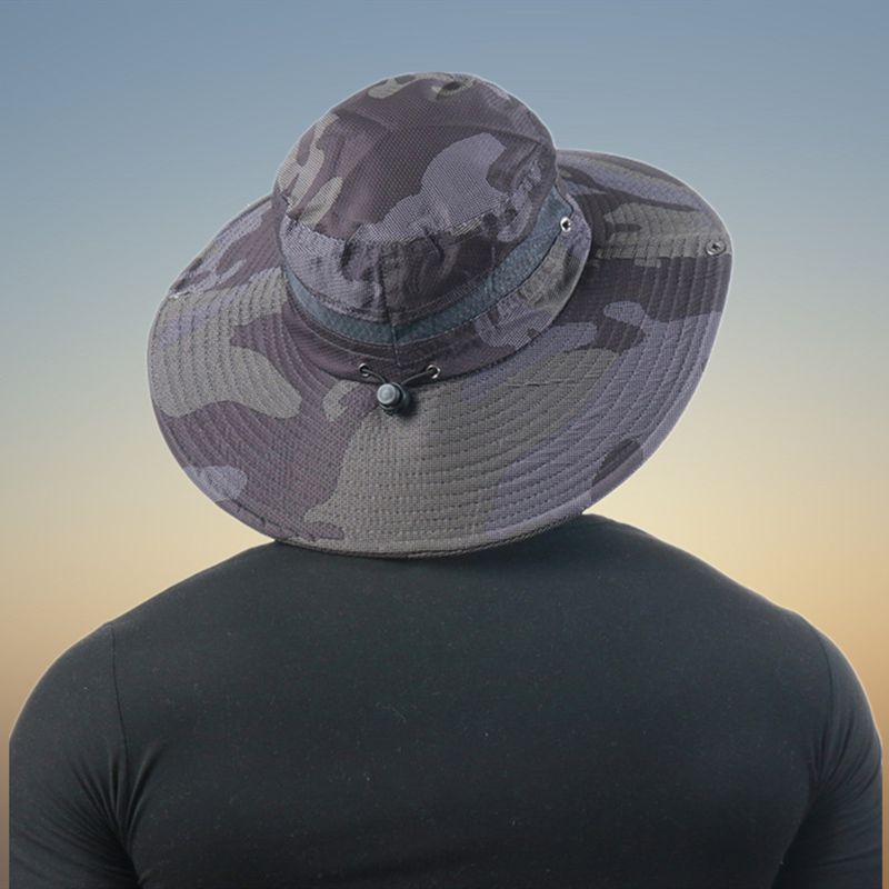 Män Bucket Hat Polyester Mesh Patchwork Kamouflage Bred Brätte Snabbtorkande Andningsbar Solskyddsmedel Utomhus Fiske Klättring Bucket Hat