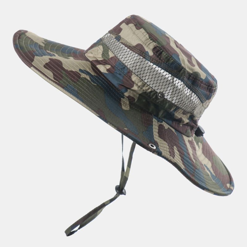 Män Bucket Hat Polyester Mesh Patchwork Kamouflage Bred Brätte Snabbtorkande Andningsbar Solskyddsmedel Utomhus Fiske Klättring Bucket Hat