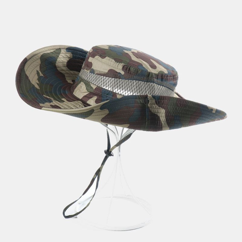 Män Bucket Hat Polyester Mesh Patchwork Kamouflage Bred Brätte Snabbtorkande Andningsbar Solskyddsmedel Utomhus Fiske Klättring Bucket Hat