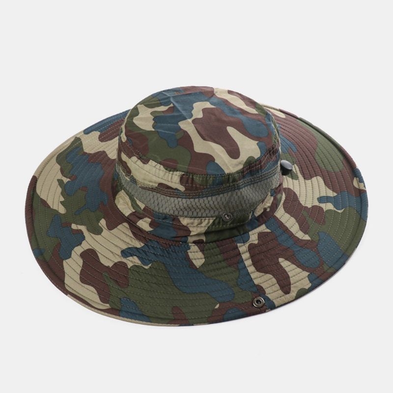 Män Bucket Hat Polyester Mesh Patchwork Kamouflage Bred Brätte Snabbtorkande Andningsbar Solskyddsmedel Utomhus Fiske Klättring Bucket Hat