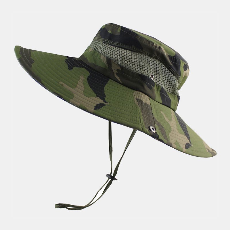 Män Bucket Hat Polyester Mesh Patchwork Kamouflage Bred Brätte Snabbtorkande Andningsbar Solskyddsmedel Utomhus Fiske Klättring Bucket Hat