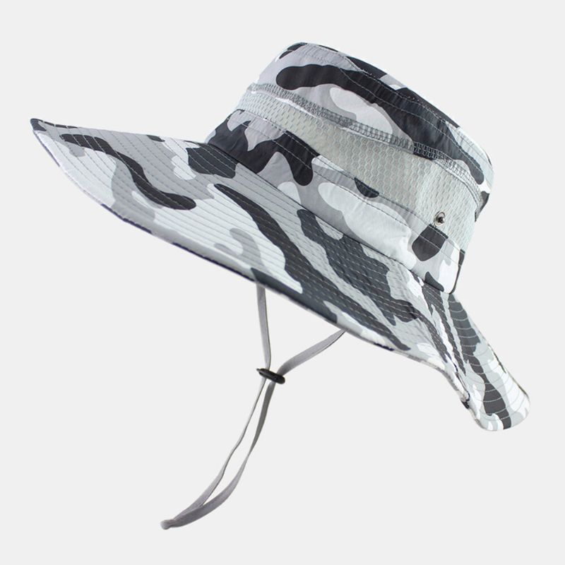 Män Bucket Hat Polyester Mesh Patchwork Kamouflage Bred Brätte Snabbtorkande Andningsbar Solskyddsmedel Utomhus Fiske Klättring Bucket Hat