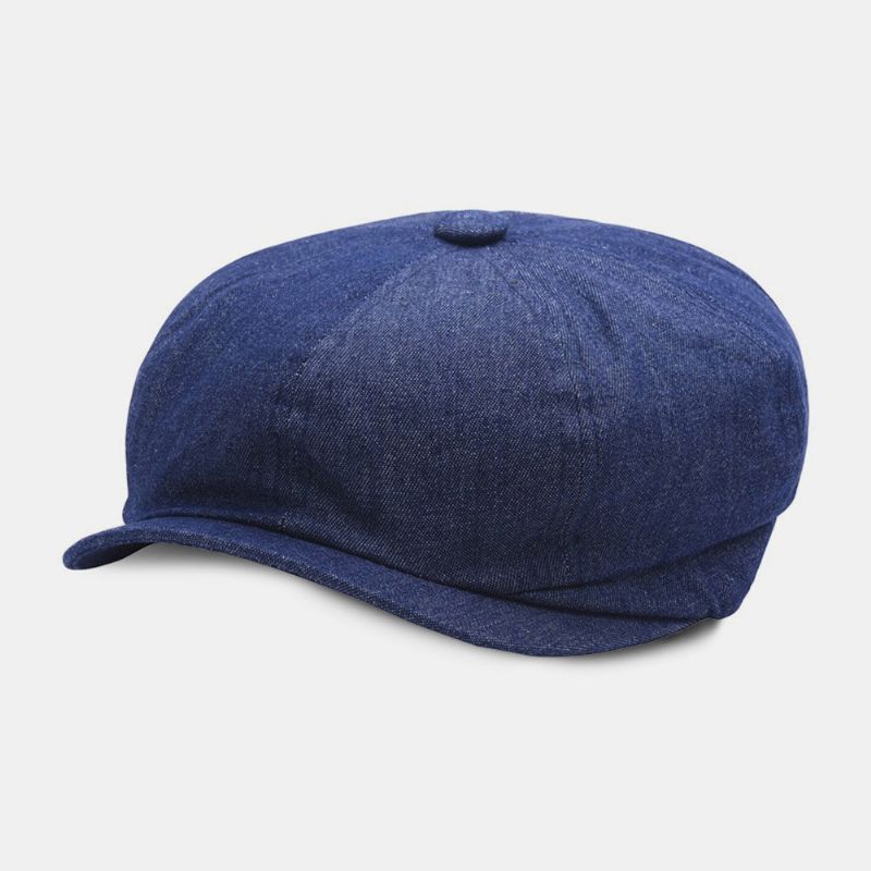 Män Denim Patchwork Basker Keps Casual Retro Elastiskt Band Åttakantig Hatt Flat Hat Painter Newsboy Keps