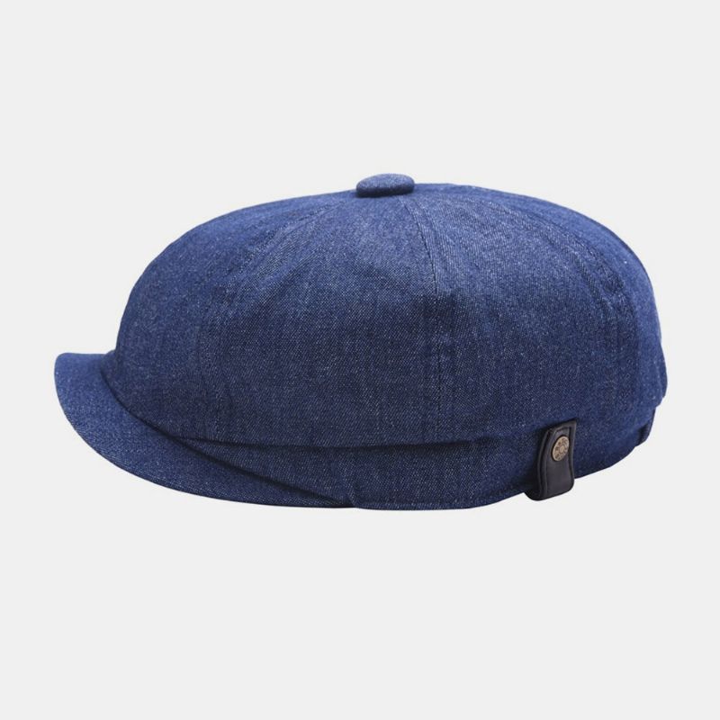 Män Denim Patchwork Basker Keps Casual Retro Elastiskt Band Åttakantig Hatt Flat Hat Painter Newsboy Keps