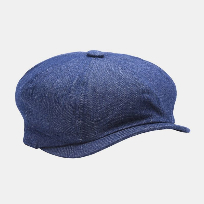 Män Denim Patchwork Basker Keps Casual Retro Elastiskt Band Åttakantig Hatt Flat Hat Painter Newsboy Keps