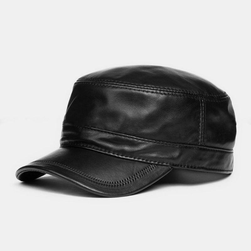 Män Enkellager Mjukt Läder Platt Brätte Militär Keps Vinter Utomhus Casual Vindtät Varmt Solskydd Flat Top Cap Fårskinn Army Cap Cadet Hat