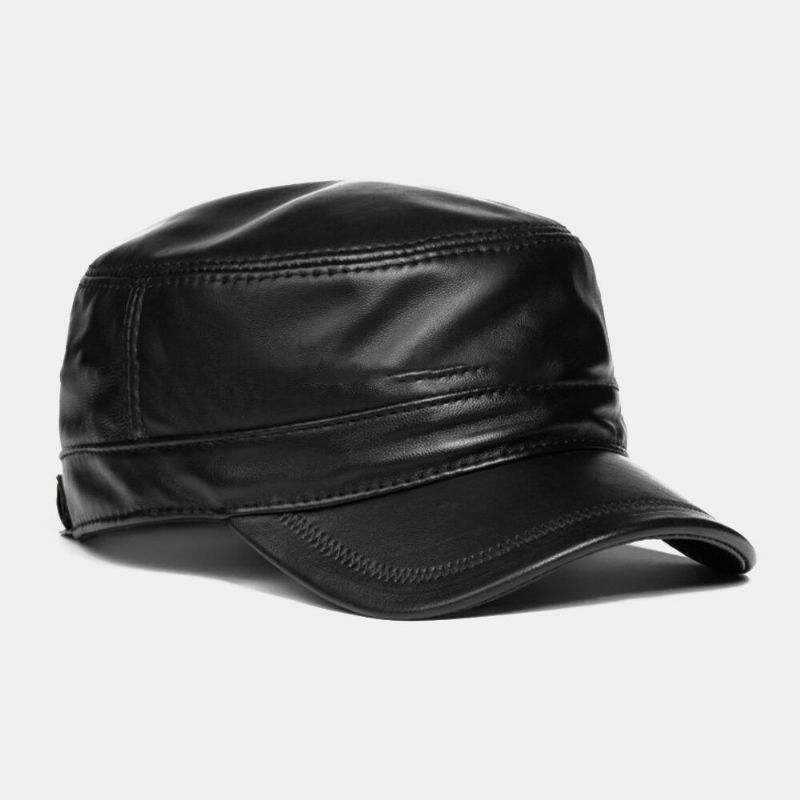 Män Enkellager Mjukt Läder Platt Brätte Militär Keps Vinter Utomhus Casual Vindtät Varmt Solskydd Flat Top Cap Fårskinn Army Cap Cadet Hat