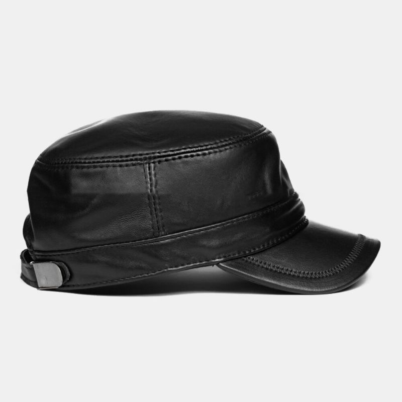 Män Enkellager Mjukt Läder Platt Brätte Militär Keps Vinter Utomhus Casual Vindtät Varmt Solskydd Flat Top Cap Fårskinn Army Cap Cadet Hat