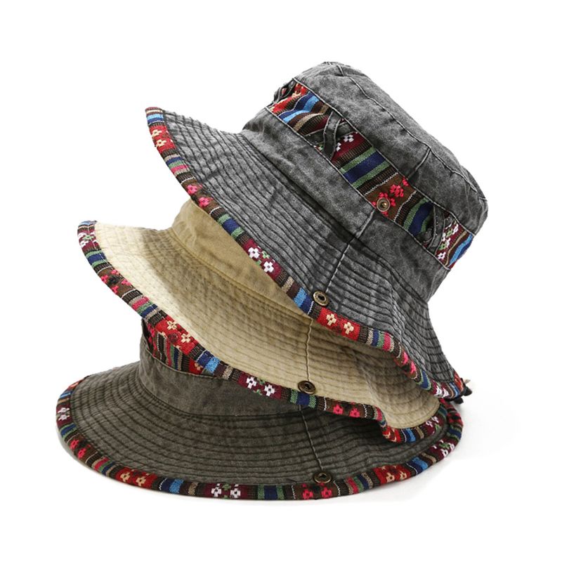 Män Etnisk Casual Retro Tvättad Gammal Shade Bucket Hat Utomhus Bergsbestigning Fiskehatt