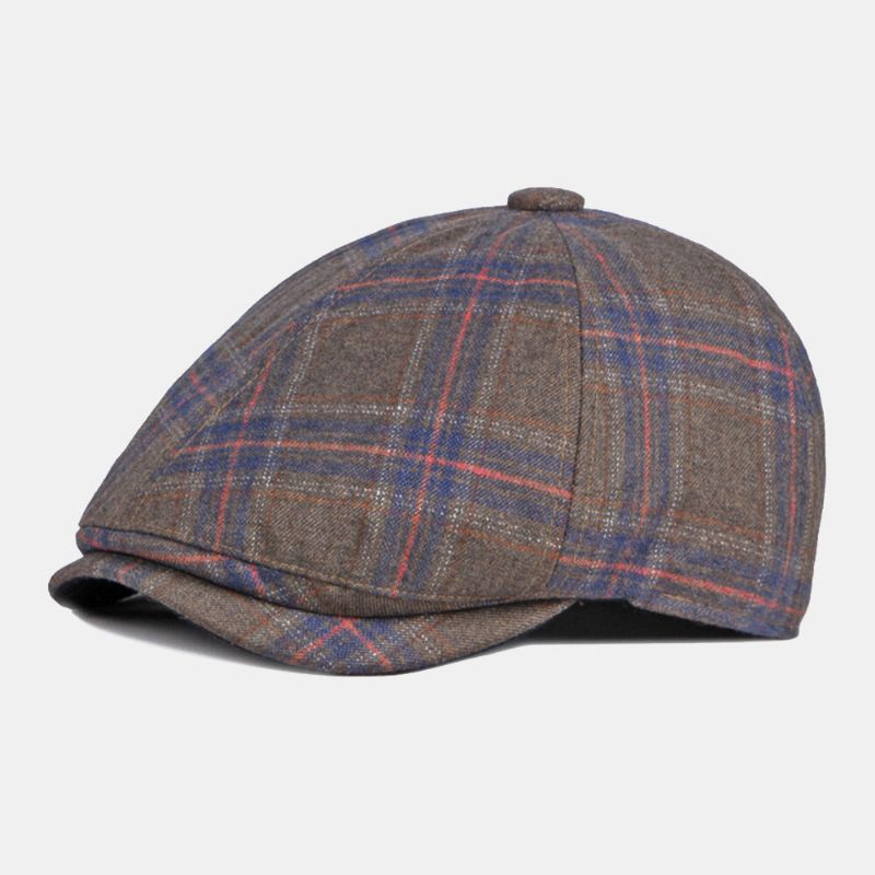 Män Färgad Pläd Böjd Brätte Åttakantig Hatt Brittisk Retro Höst Varm Justerbar Framåt Hatt Newsboy Hatt