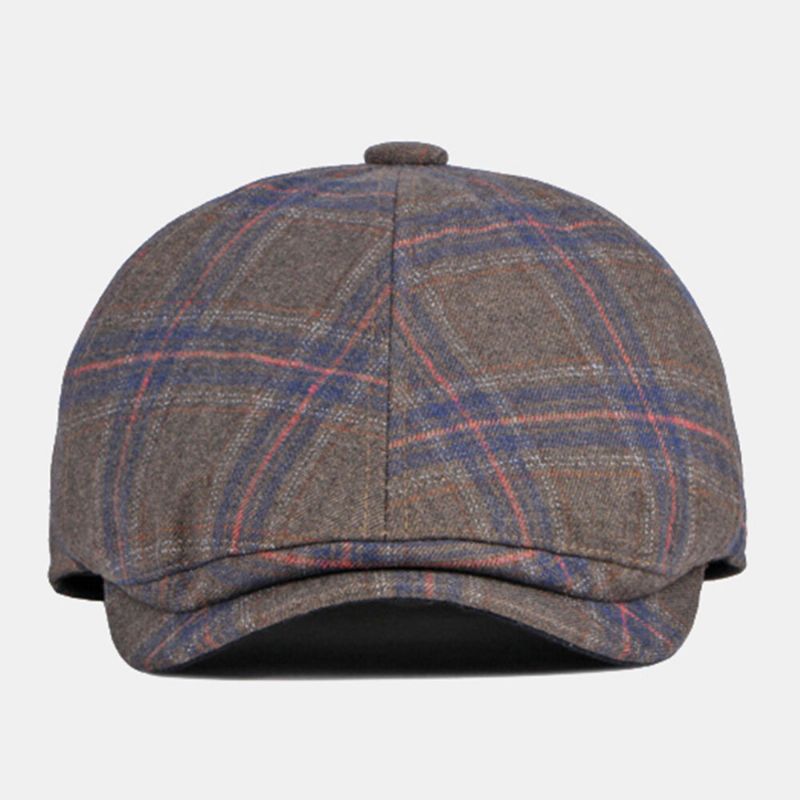 Män Färgad Pläd Böjd Brätte Åttakantig Hatt Brittisk Retro Höst Varm Justerbar Framåt Hatt Newsboy Hatt