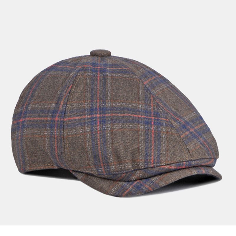 Män Färgad Pläd Böjd Brätte Åttakantig Hatt Brittisk Retro Höst Varm Justerbar Framåt Hatt Newsboy Hatt