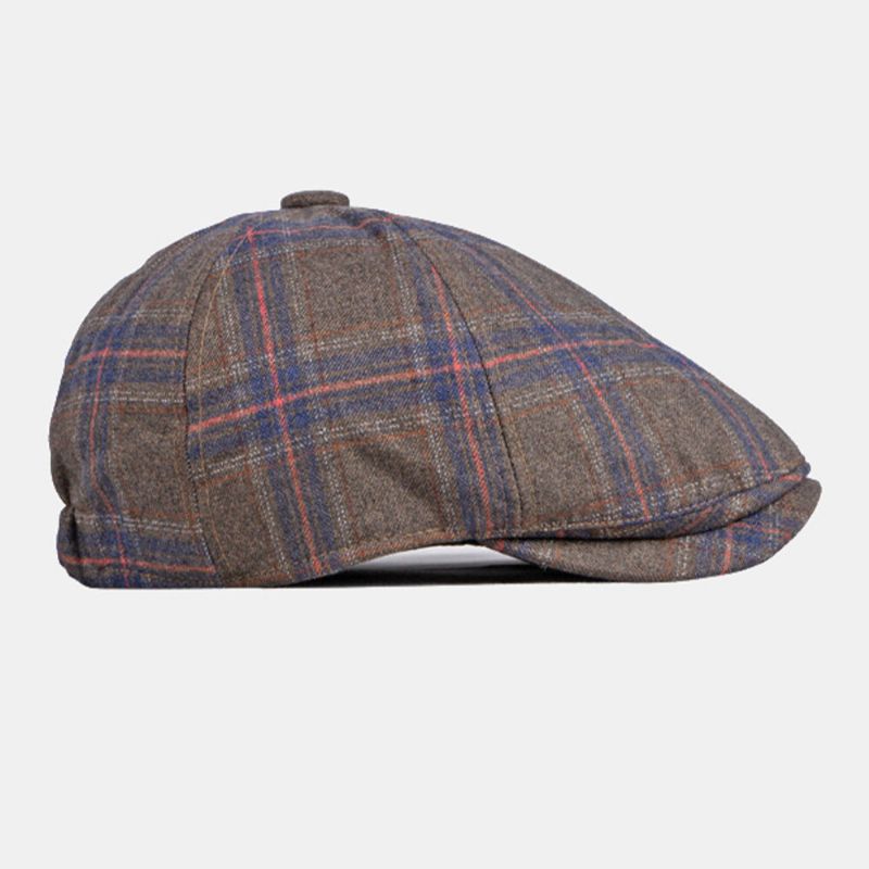 Män Färgad Pläd Böjd Brätte Åttakantig Hatt Brittisk Retro Höst Varm Justerbar Framåt Hatt Newsboy Hatt