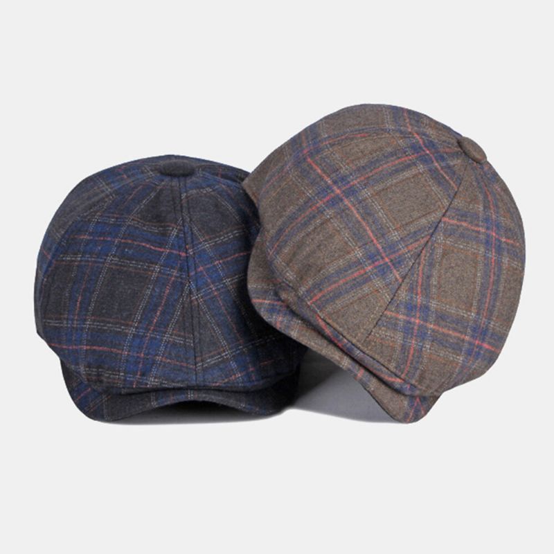 Män Färgad Pläd Böjd Brätte Åttakantig Hatt Brittisk Retro Höst Varm Justerbar Framåt Hatt Newsboy Hatt