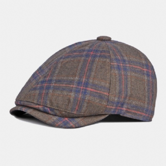 Män Färgad Pläd Böjd Brätte Åttakantig Hatt Brittisk Retro Höst Varm Justerbar Framåt Hatt Newsboy Hatt