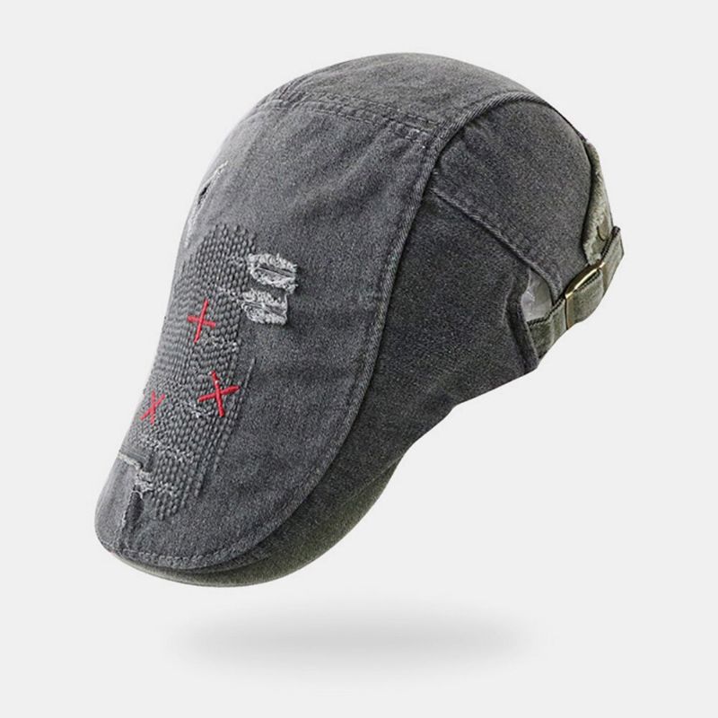 Män Kort Brätte Distressed Sliten Hål Basker Platt Keps Retro Justerbar Andas Framåt Cap Newsboy Hatt