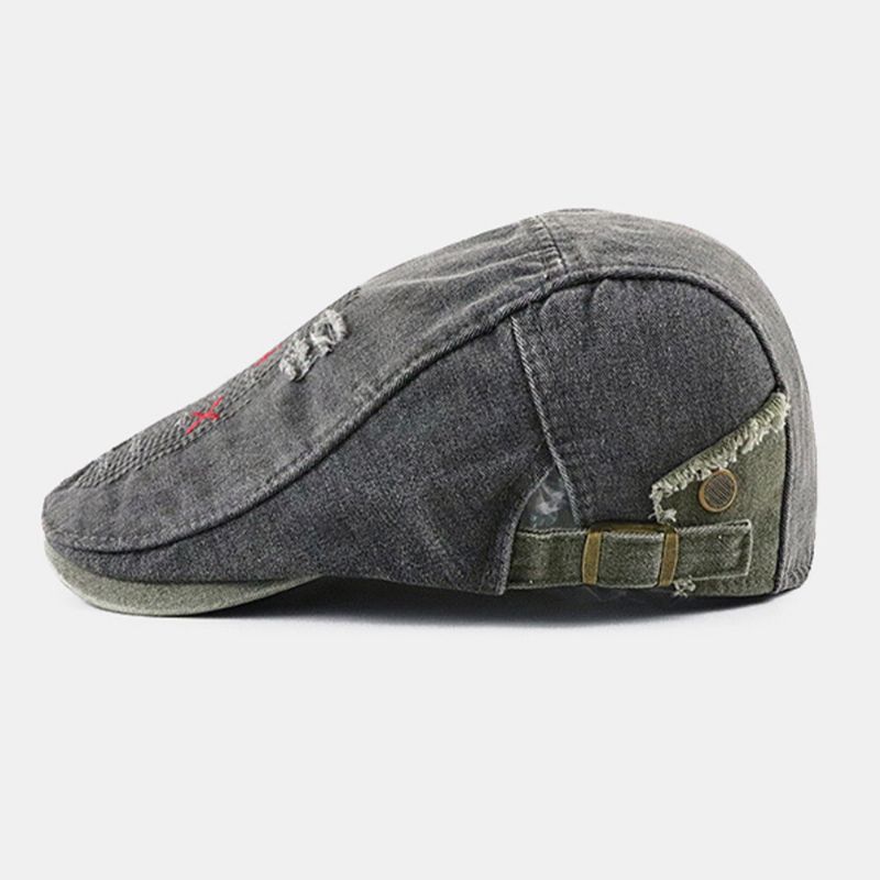 Män Kort Brätte Distressed Sliten Hål Basker Platt Keps Retro Justerbar Andas Framåt Cap Newsboy Hatt