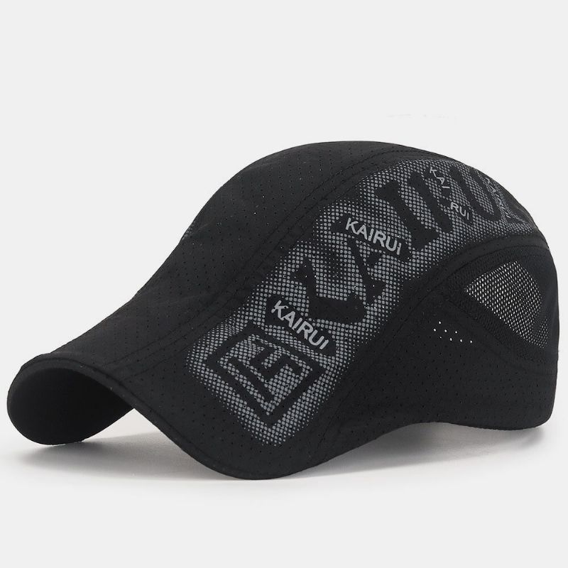 Män Mesh Hollow Out Bokstäver Tryck Solskydd Andas Framåt Hatt Basker Hatt Flat Hat