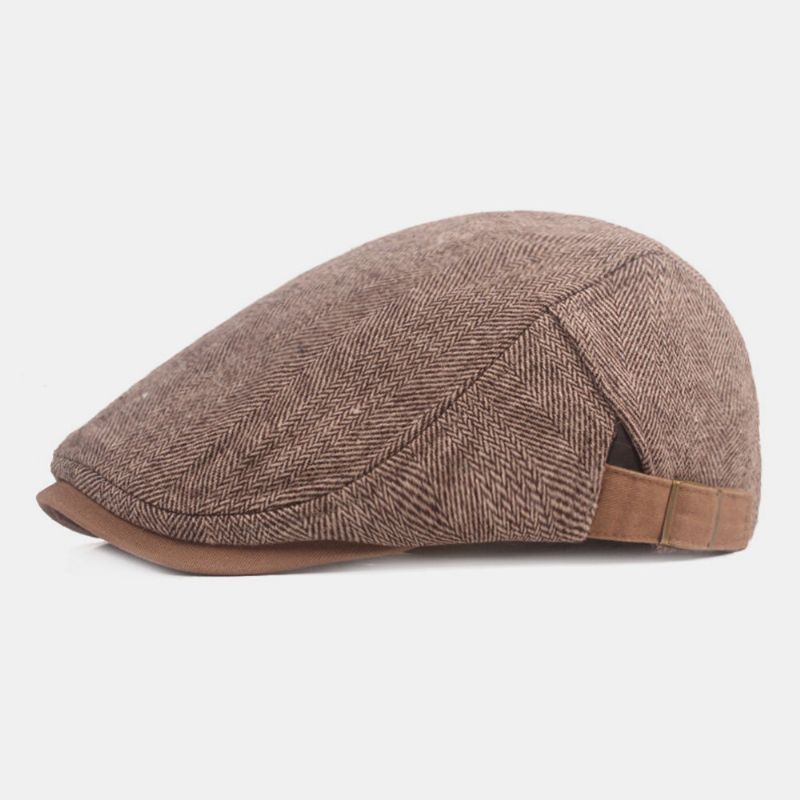 Män Newsboy Hatt Bomull Förtjockad Fiskbensränder Casual Warmth Basker Flat Cap