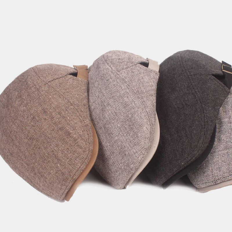 Män Newsboy Hatt Bomull Förtjockad Fiskbensränder Casual Warmth Basker Flat Cap