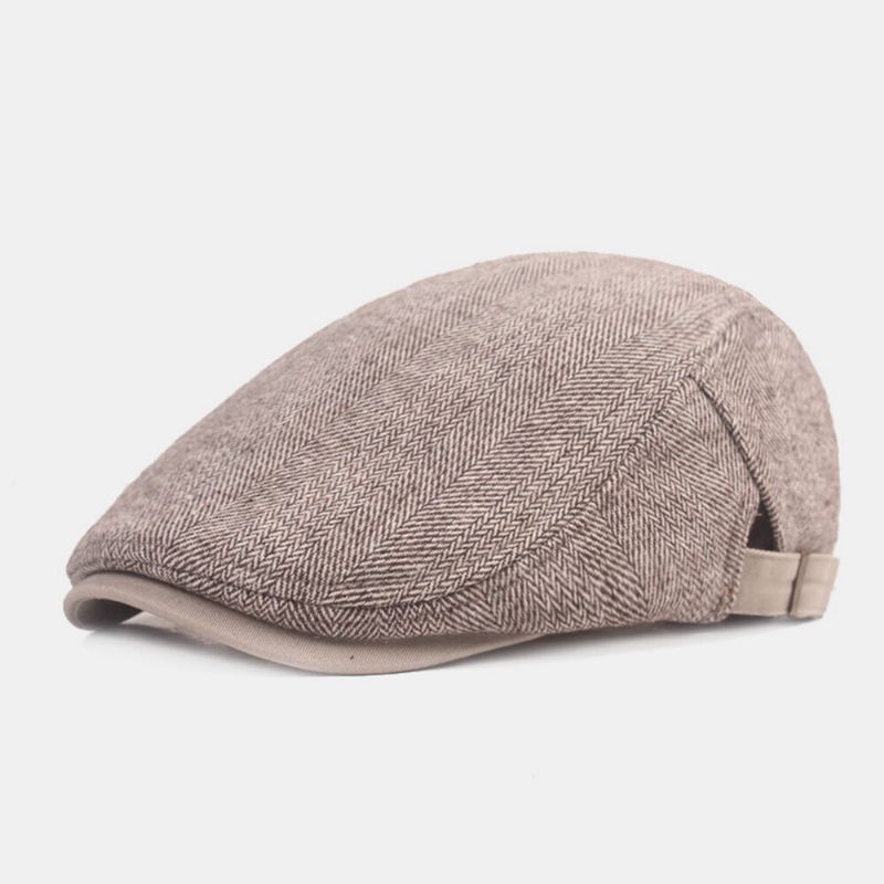 Män Newsboy Hatt Bomull Förtjockad Fiskbensränder Casual Warmth Basker Flat Cap