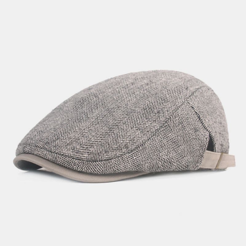 Män Newsboy Hatt Bomull Förtjockad Fiskbensränder Casual Warmth Basker Flat Cap